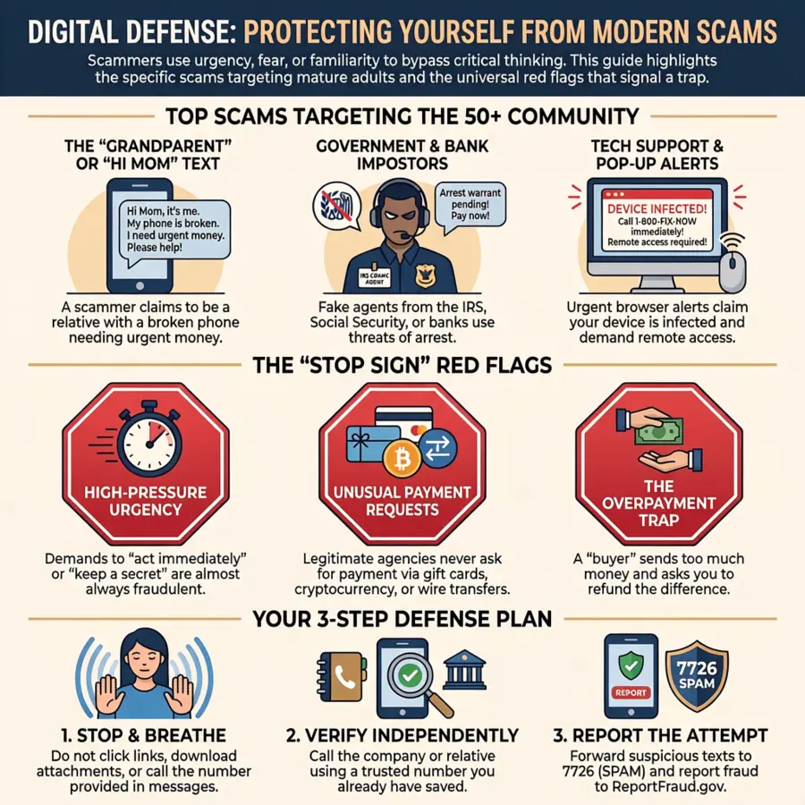 Preview of a digital-defense guide showing common scams, warning signs, and a three-step defense plan.