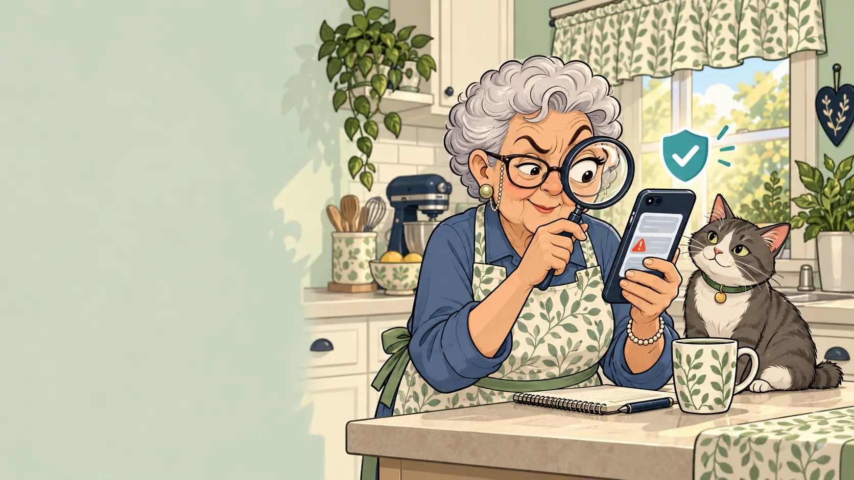 Grandma and her gray-and-white cat carefully examining a suspicious phone message in their kitchen.
