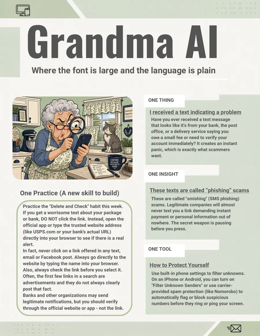 Preview of Grandma AI Issue #1 about spotting fake text messages.